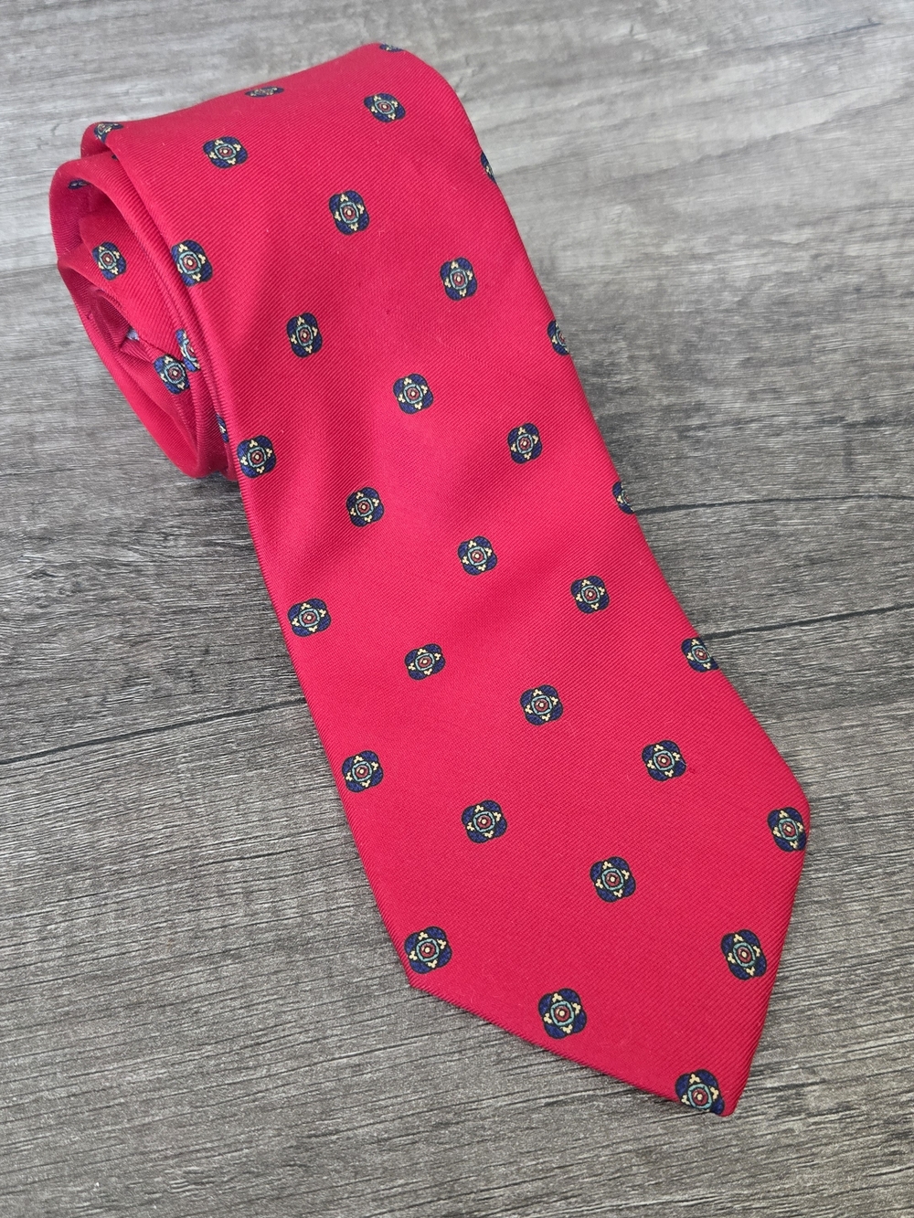 Dior Bright Red 100% Silk Tie with Navy Medallion Motif 58" Tie